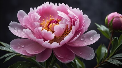 Beautiful peony flower on a dark brown branch with water droplets, beautiful flowers with beautiful nature