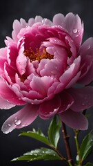 Beautiful peony flower on a dark brown branch with water droplets, beautiful flowers with beautiful nature