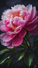 Beautiful peony flower on a dark brown branch with water droplets, beautiful flowers with beautiful nature