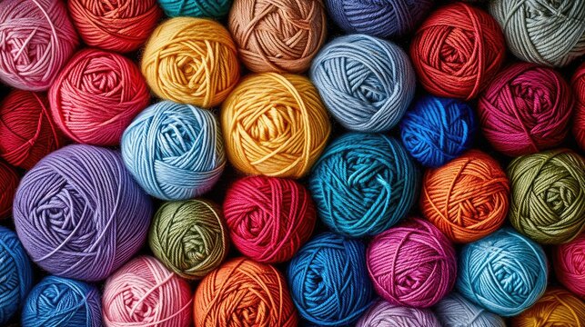 Many colorful balls of wool and cotton yarn