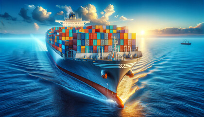 A cargo ship filled with containers travels on the blue sea, banner design, global trade, red sea dispute, business event
