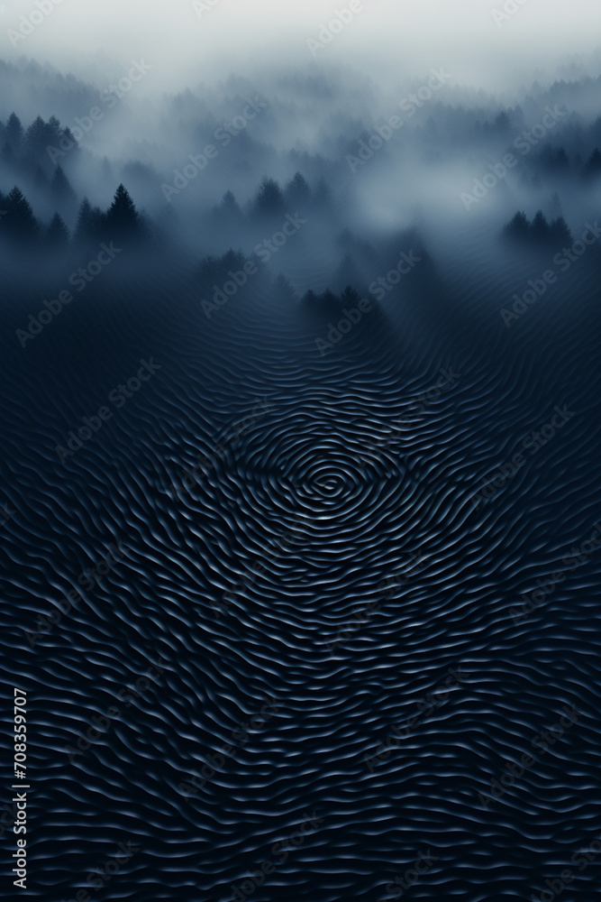 Poster an abstract fingerprint design over a background of swirling, misty fog.