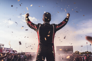 The winning driver of the Formula 1 car race raising his arms from the podium. Confetti flying.