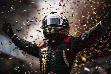 The winning driver of the Formula 1 car race raising his arms from the podium. Confetti flying.