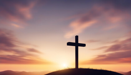 Hill with wooden cross on sunset background