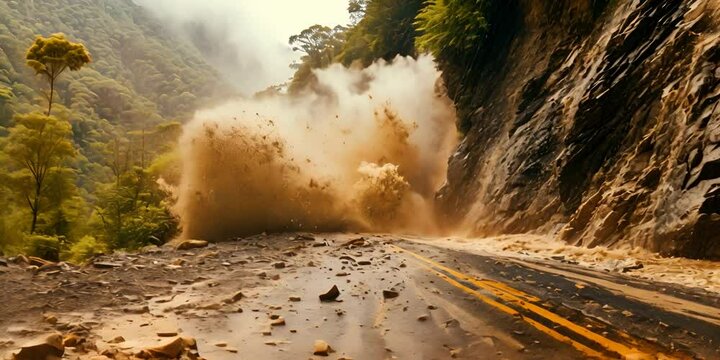 Landslide, rockfall on the road, dust and stones in the air. The concept of natural disasters