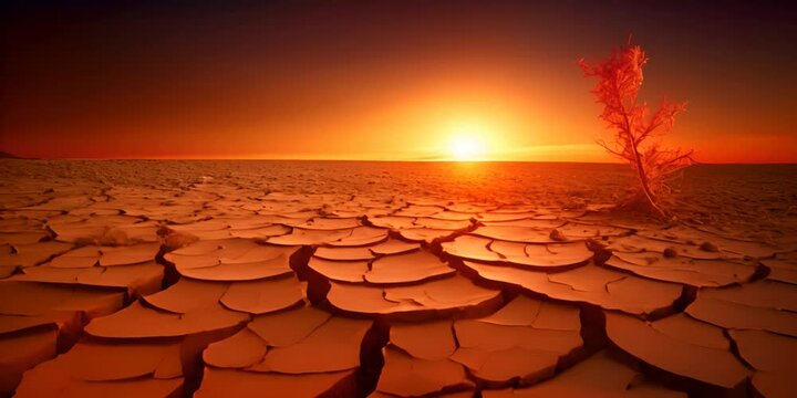 Sunset against a backdrop of a withered tree and cracked earth. The concept of climate change and drought.