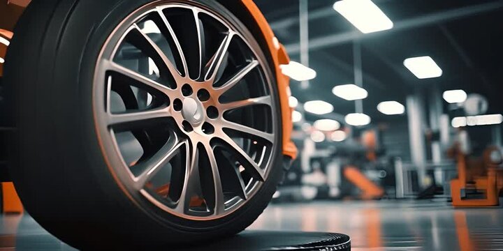sports car in a service center, focus on the wheel. The concept of maintenance