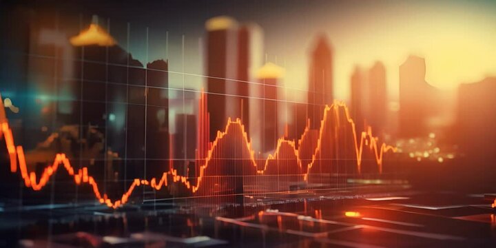 Financial index graphs against a cityscape background. The concept of economics and the stock market.