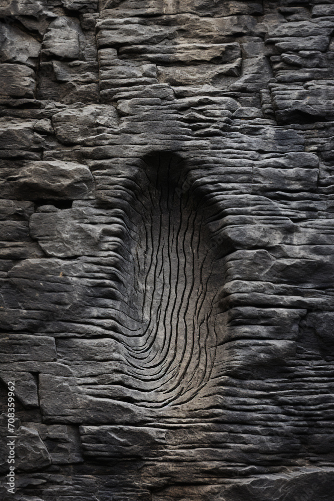 Poster minimalist fingerprint design over a background of ancient stone carvings.