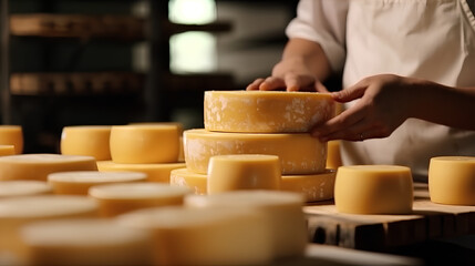 The cheese manufacturer checks the quality of the products. - obrazy, fototapety, plakaty