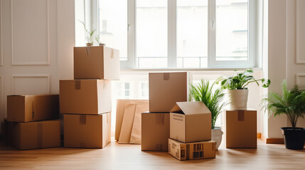 Boxes with things and indoor plants are in an empty bright room, moving.