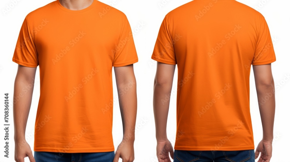 Poster man wearing an orange T-shirt front and back side on a white background.