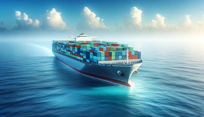 A cargo ship filled with containers travels on the blue sea, banner design, global trade, red sea dispute, business event
