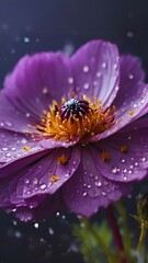 A beautiful pink flower, its feathery petals adorned with tiny droplets that resemble morning mist