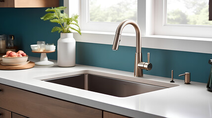 A modern kitchen with a work space, sink and a fashionable faucet.