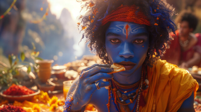 Blue, North Indian with an afro-modeled, alien sitting in on a mountain