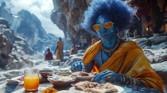 Blue, South Indian with an afro-modeled, alien sitting in on a mountain