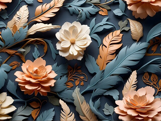 Seamless flowers and feathers natural pattern for background, wallpaper, decoration, art, texture, textile and fabric prints