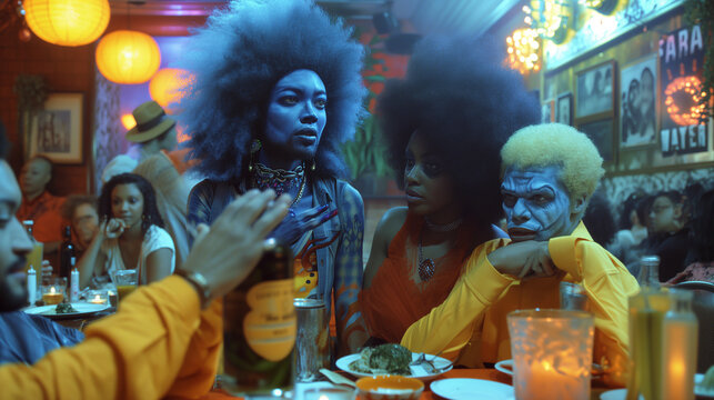 Blue, African American-modeled, alien in a restaurant/bar with friends