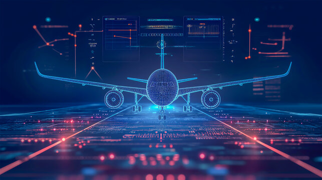 Airplane in holographic for travel and transportation concept on the plot plan drawings line graphic, design for abstract wallpaper and background 