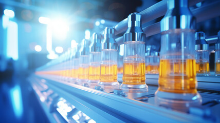 Medical vials on a pharmaceutical production line with  liquid and blue lighting. Automated Vaccine Production Line