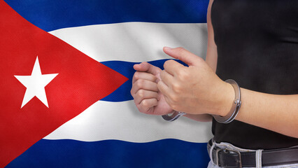 A man getting under arrest in Cuba. Concept of being handcuffed, detained, incarcerated and jailed in said country. National law enforcement concept.