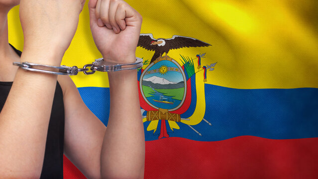 A man getting under arrest in Ecuador. Concept of being handcuffed, detained, incarcerated and jailed in said country. National law enforcement concept.