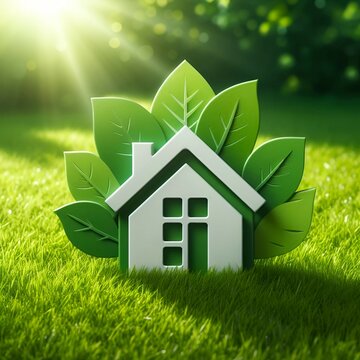 The image portrays a conceptual representation of a green home and environmentally friendly construction. It includes a house icon placed on a lush green lawn, with the sun shining overhead. minimalis