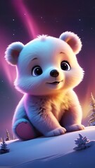 Cute baby bear looking at northern light in the sky, Cute baby animal wallpaper, high resolution illustration	