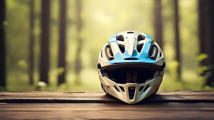 Bicycle helmet on wooden background with copy space to text. Ai generative helmet. World Bicycle Day June 3. International Helmet Awareness Day - obrazy, fototapety, plakaty