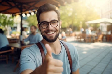 Smiling young man with glasses giving a thumbs up in an outdoor cafe setting.