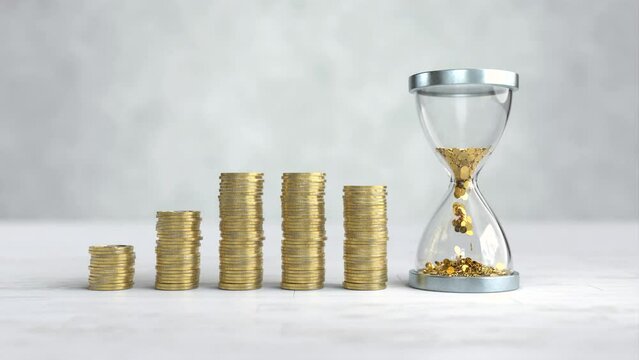 Gold coin in the hourglass with stacks of coins arranged in a bar graph, Time is money concept
