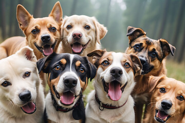 A Group of Dogs Taking a Selfie Against a Blurred Background