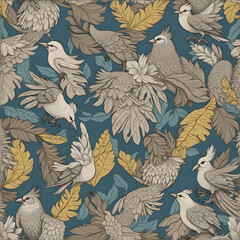 Birds and leaves natural seamless traditional style pattern for background, decoration, texture, textile and fabric prints