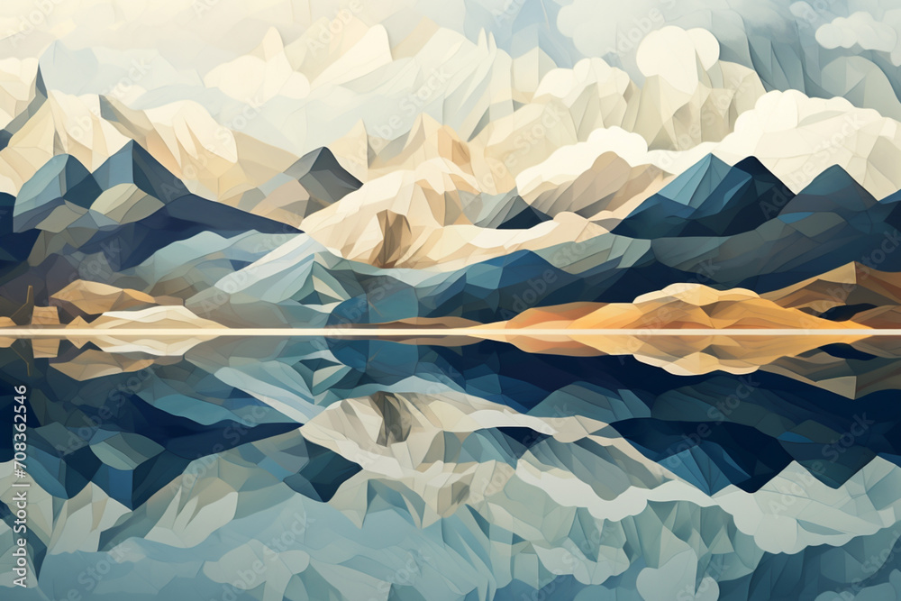 Aufkleber a dream-like, surreal depiction of a mountain lake with abstract patterns.