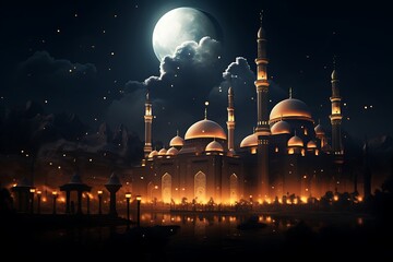 a beautiful mosque at night time