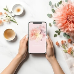 Women both hand with smartphone mockup on white table