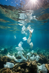 Fototapeta premium Aesthetic representation of plastic bags in water, symbolizing ocean pollution.