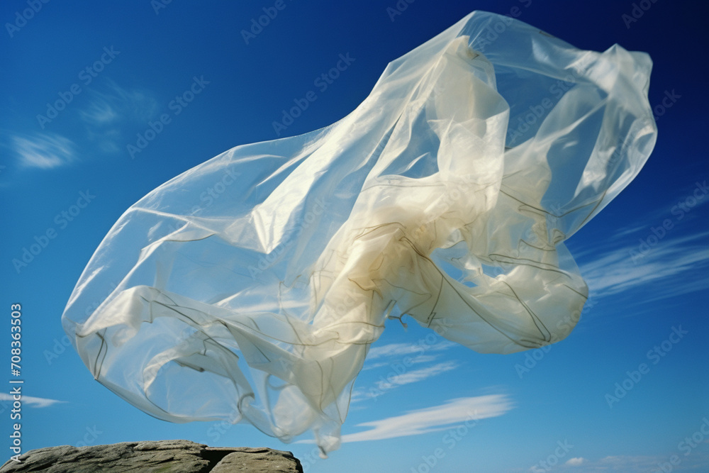 Poster abstract portrayal of a plastic bag as a gust of wind, emphasizing its impact on the environment.