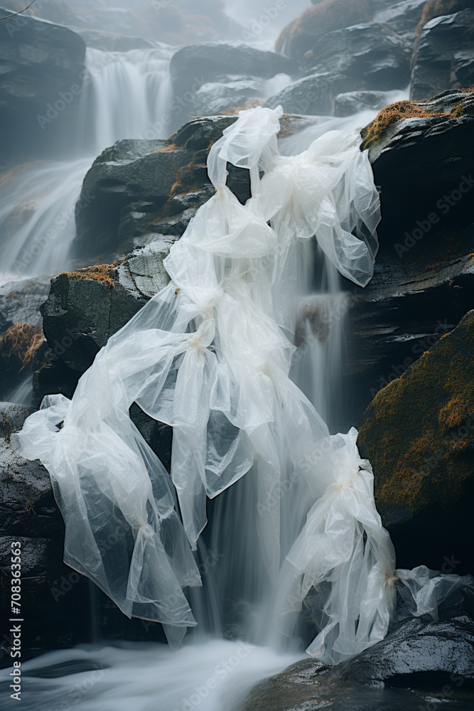Aufkleber Artistic interpretation of a plastic bag as a cascading waterfall, blurring the lines between natural and artificial.