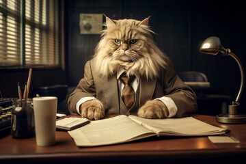 Cute and funny cat impersonating business person, working in the office
