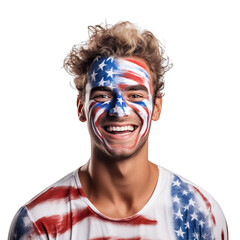 front view of a handsome man with his face painted with a American flag colors smiling isolated on a white transparent background 