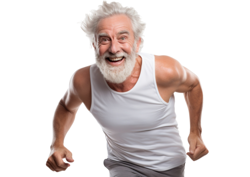 Happy middle-aged man jogging, cut out