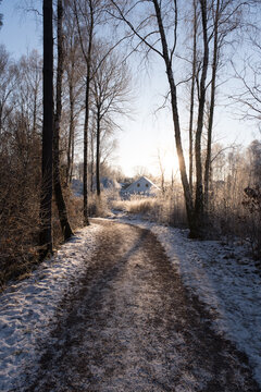 Home in the middle of no where with sun peeping through frozen lake and frost covred trees with a paved way for walking at gothenburg, sweden