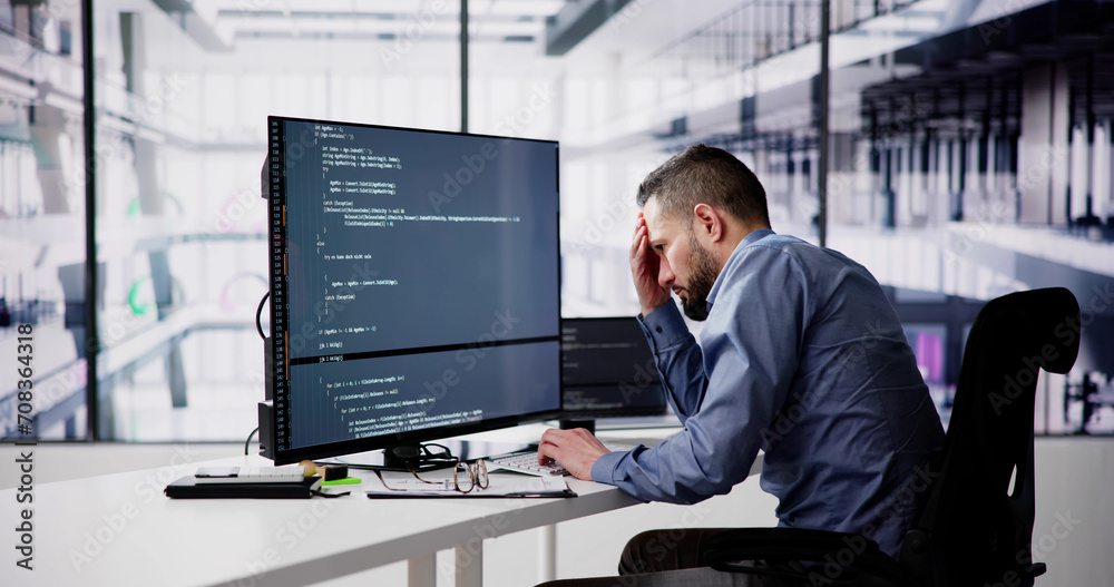 Aufkleber Unhappy Sad Developer Programmer Man In Stress Coding Software