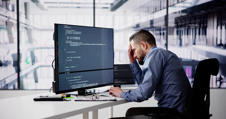 Unhappy Sad Developer Programmer Man In Stress Coding Software