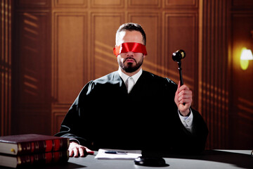 Blindfolded Judge In Courtroom Striking Gavel