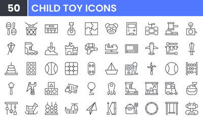 Children Toys vector line icon set. Contains linear outline icons like Baby, Ball, Kid, Bear, Game, Horse, Train, Truck, Car, Robot, Doll, Kite, Puzzle, Castle, Drum, Rattle. Editable use and stroke.