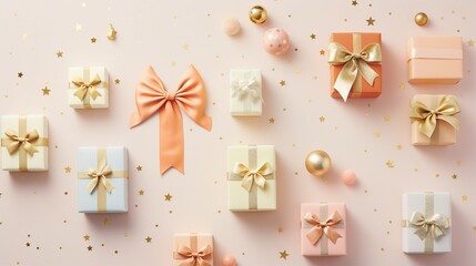 Fototapeta na wymiar Captivating Christmas Gift Ideas: Artisanal Boxes, Chic Ribbon Bows, Orange & Gold Baubles, Shiny Stars, Snowflake Decor, Confetti on a Gentle Pastel Surface - Vertical Top View Image